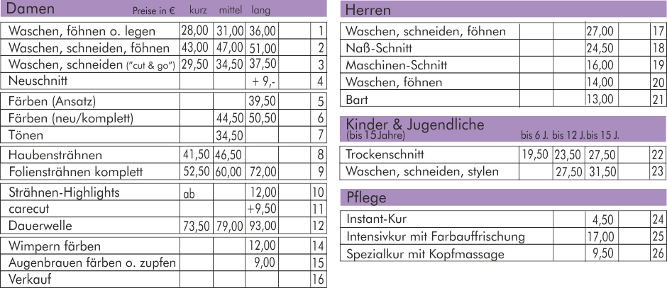 Preisliste Haarwerk Juli 2024